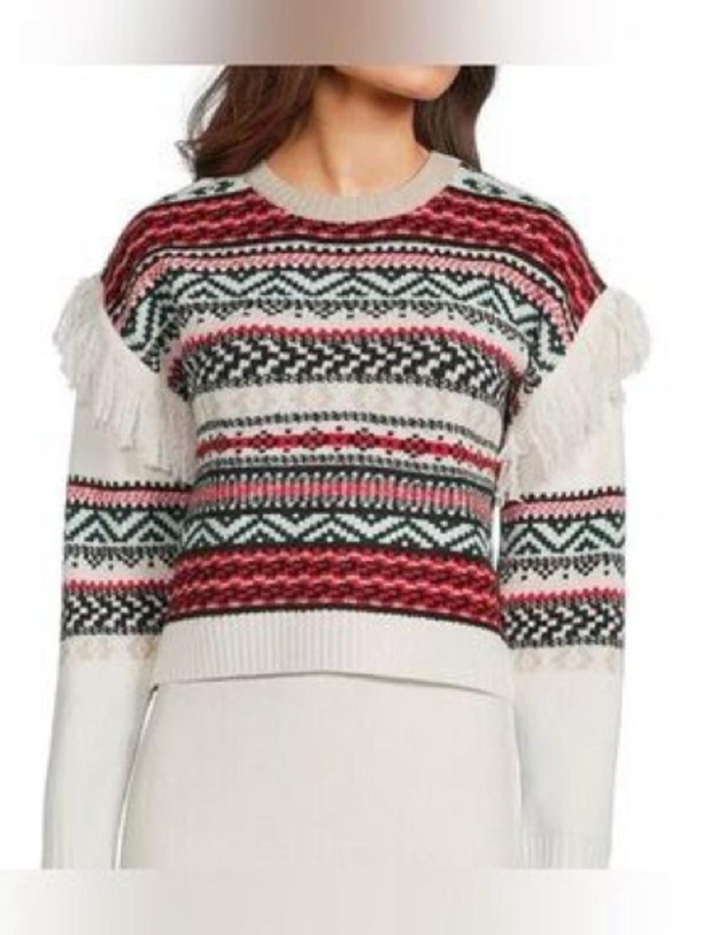 NWT Women’s EVERY wool blend geometric print fringe Crewneck sweater- Size small